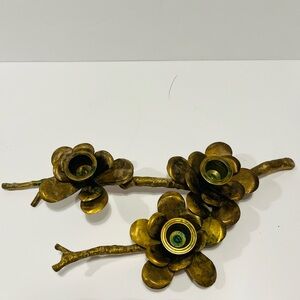 Midcentury Solid Brass Floral Candlestick Holder for 3 Candles 12.5”-6”
